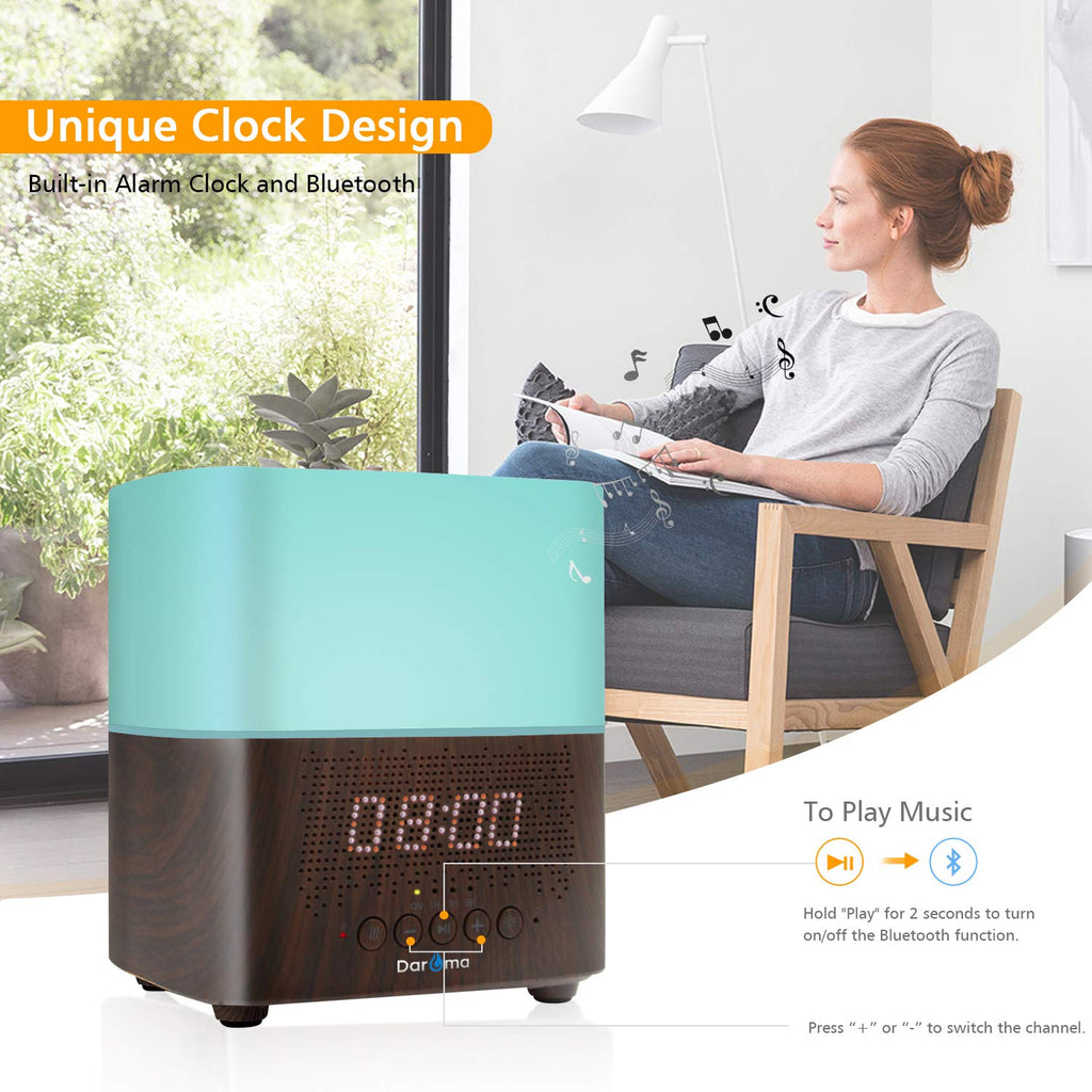 Alarm Clock Essential Oil Diffuser With Bluetooth Speaker Dark Wood DAROMA Life
