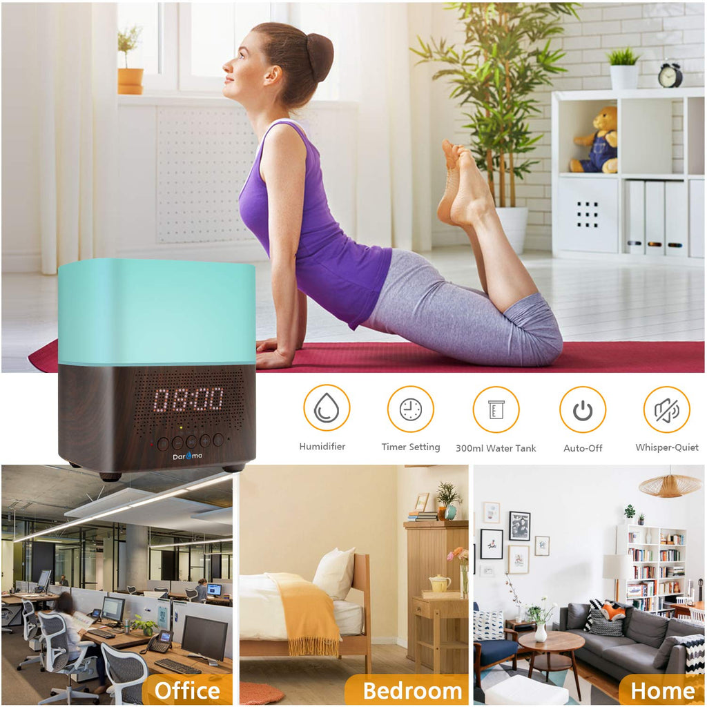 Alarm Clock Essential Oil Diffuser With Bluetooth Speaker Dark Wood DAROMA Life